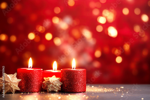 Christmas red candles  new year burning candle on magic light bokeh background with copy space. Winter holidays festive greeting card.