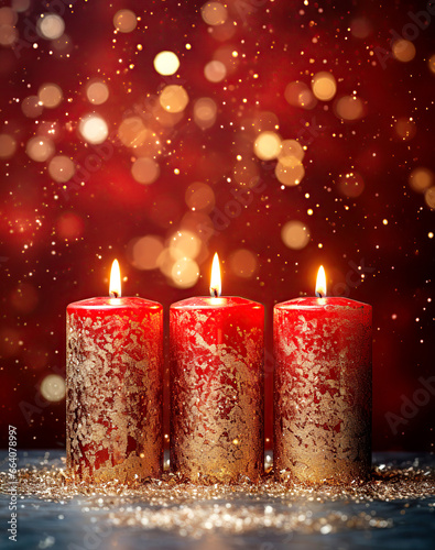 Christmas red and golden glitter candles, new year burning candle on magic light bokeh background with copy space. Winter holidays festive greeting card.