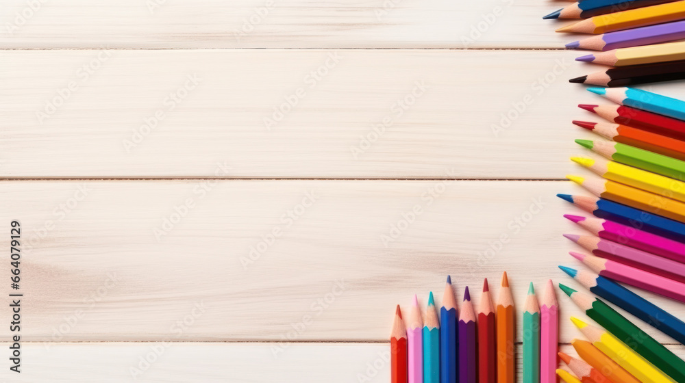 Obraz premium Top view colored pencils on a wooden background, Back to school, Stationery, School supplies frame, Art education, Copy space. Generative AI
