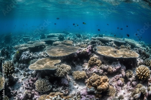 Underwater coral reef view, abundant ecosystem, vibrant tropical marine life. Generative AI