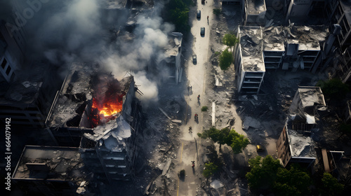 Aerial view of burnt buildings after a fire in the city