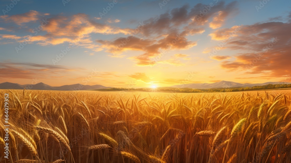 Panoramic view of a wheat field. Beautiful sunset.