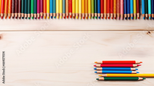 Top view colored pencils on a wooden background, Back to school, Stationery, School supplies frame, Art education, Copy space. Generative AI
