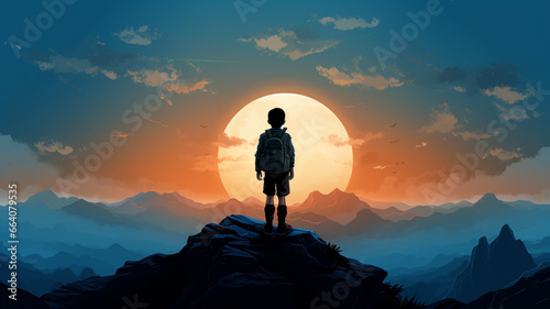 silhouette of a boy on the mountain at sunset © Daniel