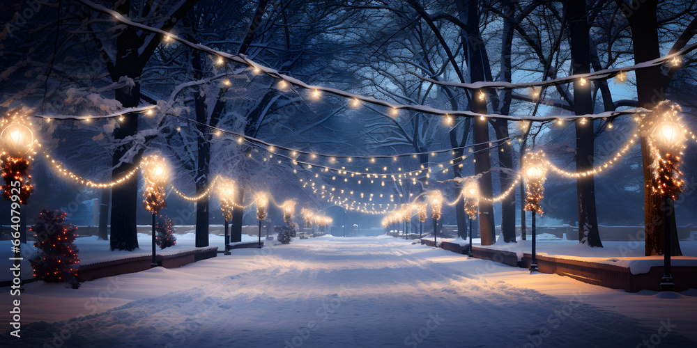 Enchanted Winter Wonderland, Magical Pathway Adorned with Snow-Covered Trees and Twinkling Christmas Lights - obrazy, fototapety, plakaty 