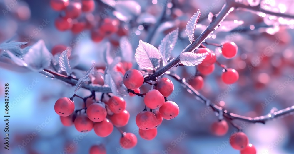 Branch with red berries frozen, generative ai.