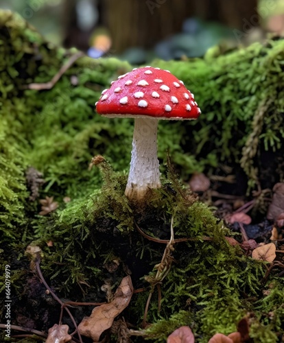 Amanita mushrooms in forest, generative ai.