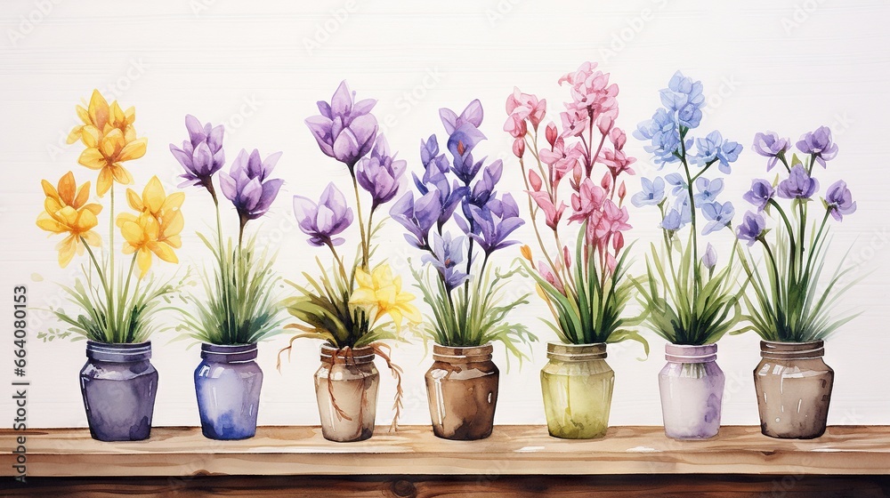  a painting of a row of jars with flowers in them.  generative ai