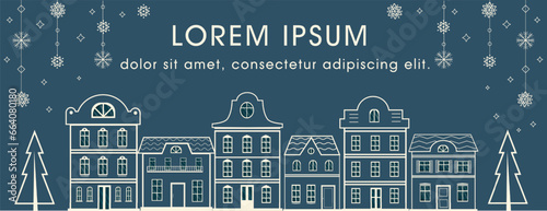 Template with row of houses lineart drawing. Horizontal banner with european city landscape.