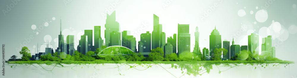 a green cityscape with trees and buildings