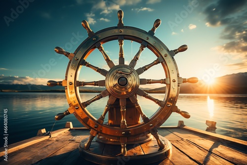 a ship's wheel on a dock photo