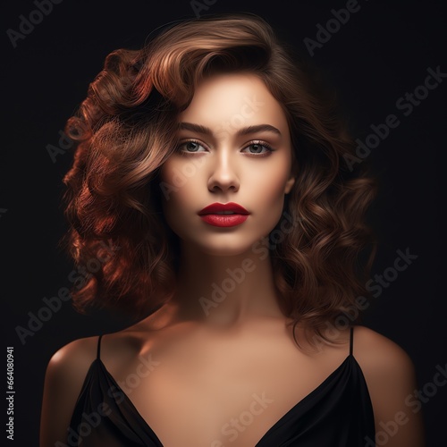 a woman with red lips and curly hair