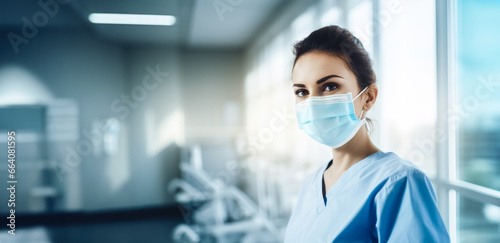 Young woman working as dentist  female in face mask posing at her office or clinic. Generative AI
