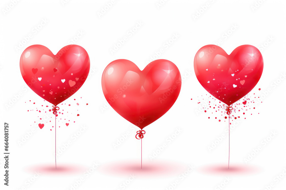 Set of red heart shaped balloons with confetti on whit background.Greeting card for of Valentines day or birthday. 