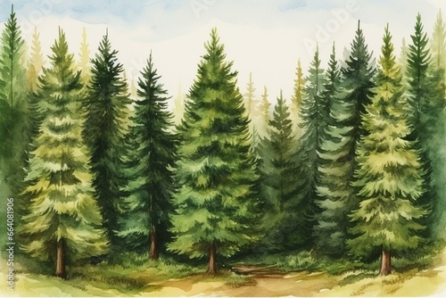 Watercolor illustration of a grove of fir trees in a lush forest with evergreen bushes. Generative AI