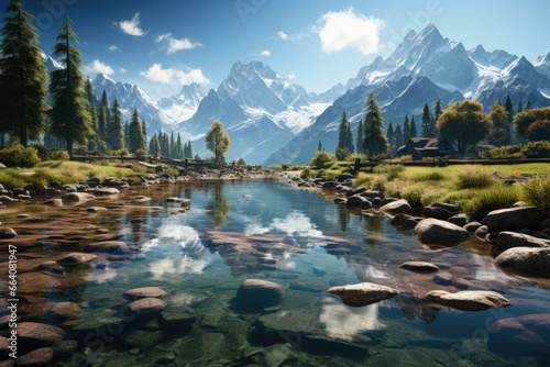 A tranquil lake surrounded by majestic mountains, reflecting the snow-capped peaks in its clear waters. Concept of alpine serenity. Generative Ai.