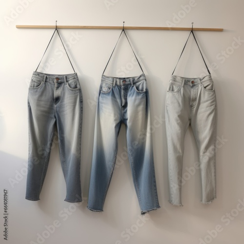 denim jeans on a hanger. banner. flyer. sale. fashionable clothes beautiful store decor. product layout space design