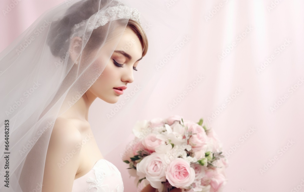 Obraz premium portrait of a beautiful young bride. pastel shades. long veil. wedding make-up. banner.