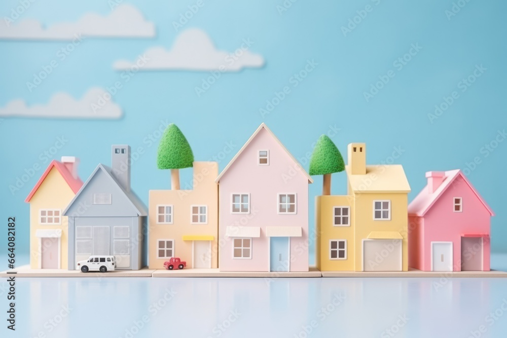 cute pastel toy wooden houses, toy city. rent, mortgage. real estate services