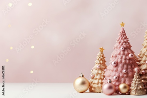 Pink Christmas background. Decorative pink Christmas tree and Christmas tree decorations. New Year. Flyer. Banner with place for text. Postcard