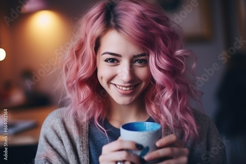 portrait of a fashionable young girl with colored pink hair and a cup of coffee  tea. barista cafeteria.