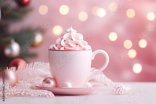 Christmas banner pink background mug with cocoa, coffee. warm light of bokeh garland. New Year. Holiday card. Whipped cream on a mug