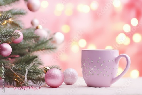 Cute Christmas card with a cozy mug of cocoa. a cup of coffee. bokeh lights. pastel background. New Year