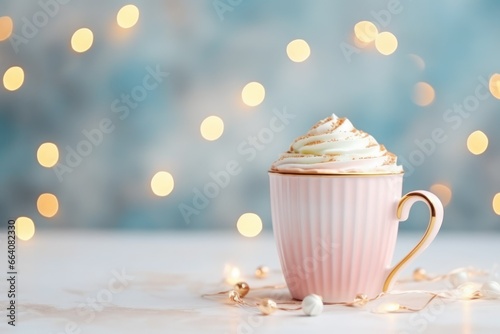 Christmas banner blue background mug with cocoa, coffee. warm light of bokeh garland. New Year. Holiday card. Whipped cream on a mug