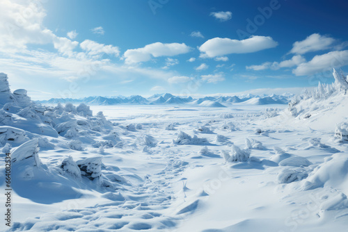 A pristine snow-covered landscape, with untouched white expanses stretching as far as the eye can see. Concept of winter wonderland. Generative Ai.
