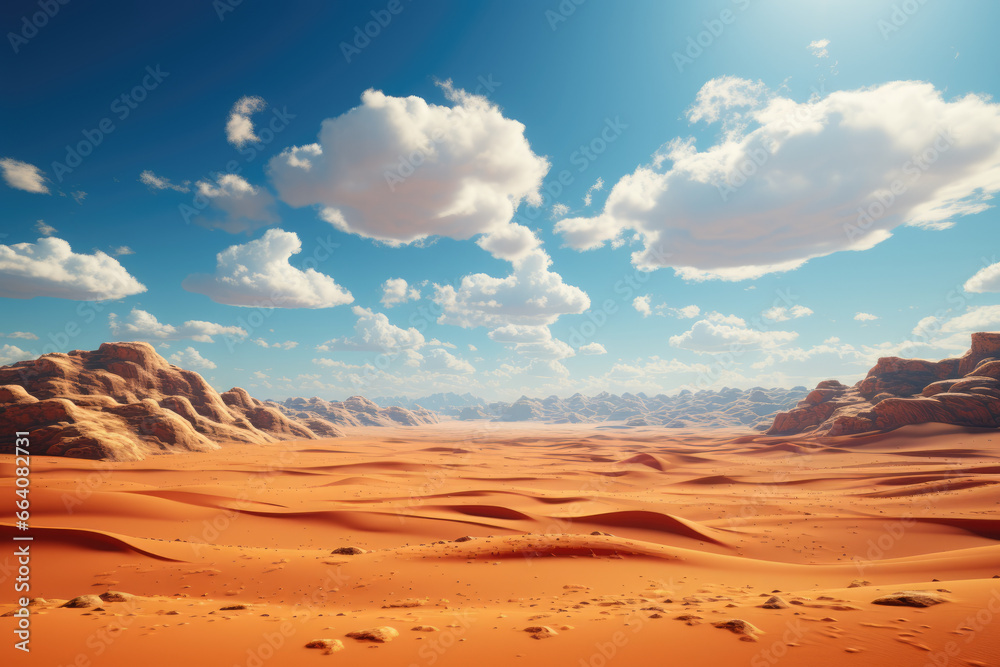 A pristine desert landscape with towering sand dunes and a vast, uninterrupted horizon. Concept of desert beauty. Generative Ai.