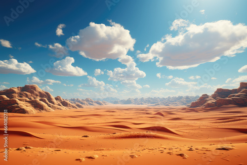 A pristine desert landscape with towering sand dunes and a vast, uninterrupted horizon. Concept of desert beauty. Generative Ai.