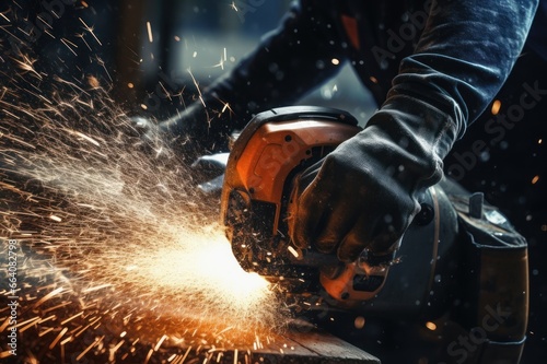 Close up of angle grinder in grunge style scene, sparks flying as it works. With copy space. Welder or turner at work. A man's hands hold a grinding machine. For banner, poster, advertisement, design. © Jafree