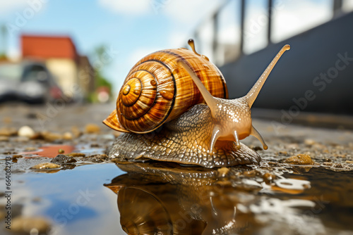 close-up of a snail in a rainy street