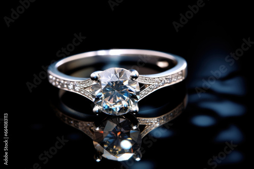 Sparkling diamond engagement ring with reflection on a black background with bokeh. Symbolizes love and devotion. Jewelry decoration. Cut diamond. Close up. Elegant wedding ring. isolated on black.