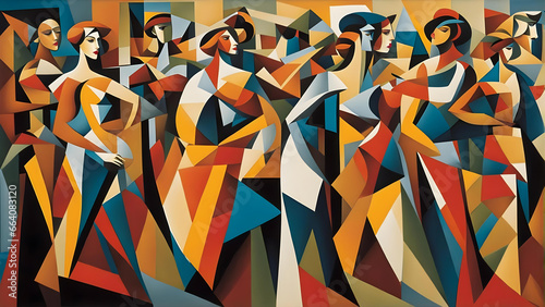 cubist style abstract painting of a group of women in old fashioned fashionable clothes