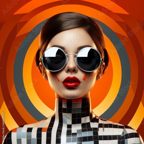 very elegant retro woman with many colored background  black glasses