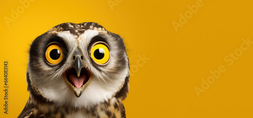 Surprised owl with open beak on yellow background. With copy space for text. Owl or eagle owl close up screams. For poster, banner, landing page, postcard, advertising. shocking news poster content. photo