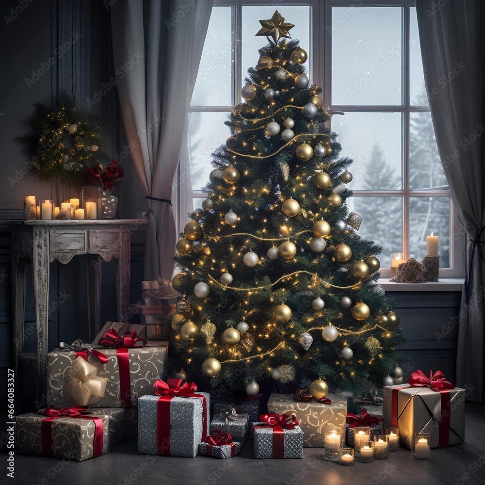A festive New Year's photo with a Christmas tree, decorations, and gifts under the tree