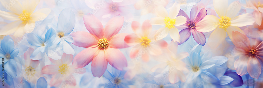 Floral kaleidoscope image, spring flowers intricately patterned, pastel colors