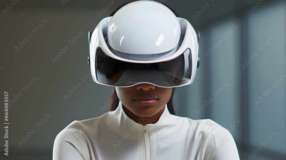 Woman in advanced helmet for brain-computer communication Woman in advanced helmet for brain-computer communication