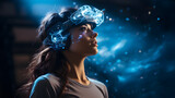 Individual with brainwave headband observing holographic display