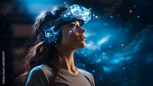 Individual with brainwave headband observing holographic display photo