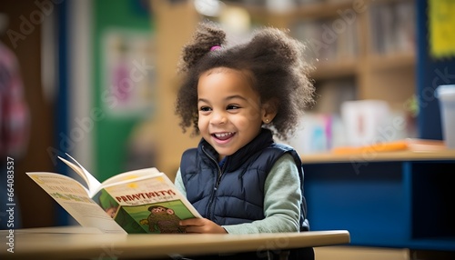 Joyful girl reading a book in her classroom