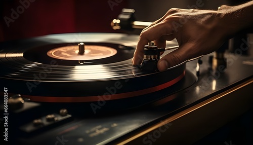 Close-up of hand placing needle on LP turntable photo