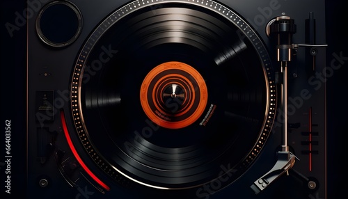 Top-down view of a vinyl record on a modern turntable photo