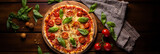 Italian Margherita pizza, freshly baked, basil leaves crisply detailed, cheese bubbling, positioned on a wooden board, red - checkered tablecloth