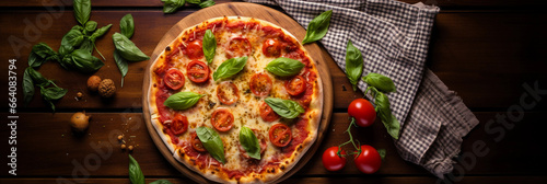 Wallpaper Mural Italian Margherita pizza, freshly baked, basil leaves crisply detailed, cheese bubbling, positioned on a wooden board, red - checkered tablecloth Torontodigital.ca