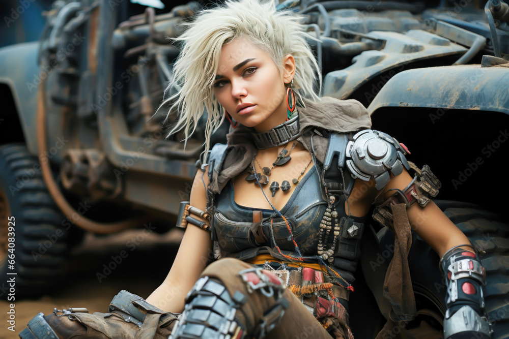 cyberpunk post apocalyptic girl sitting in front of a car - obrazy, fototapety, plakaty 