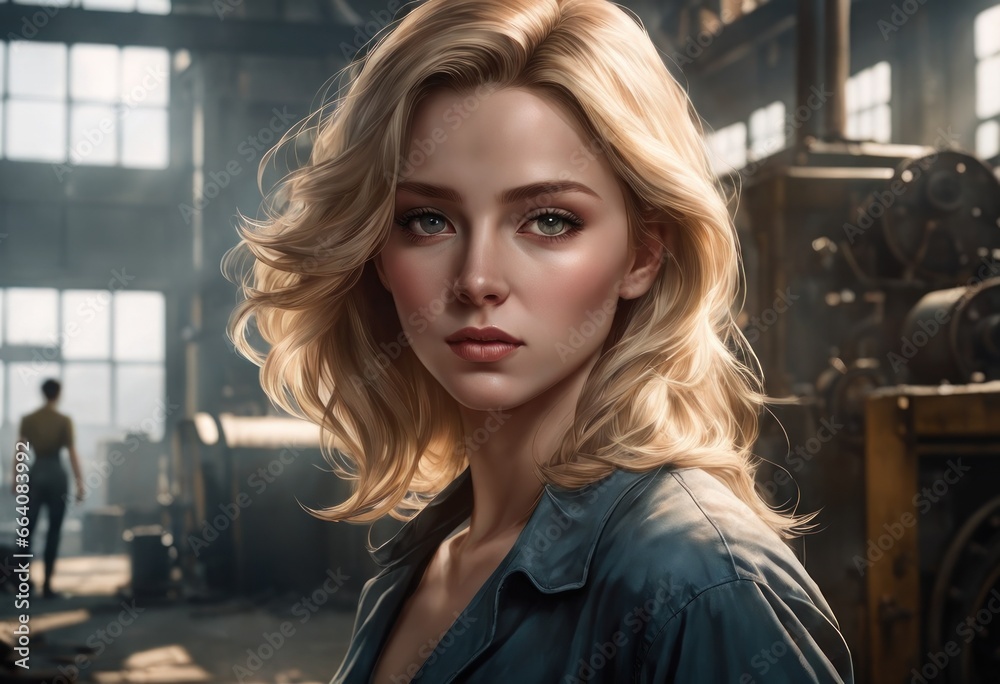 Portrait of a beautiful young caucasian woman in work dress stands against the Old fashioned machinery in an old factory interior background Portrait of a beautiful young caucasian woman in work dress stands against the Old fashioned machinery in an old factory interior background