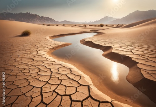 Cracked ground of a dried up lake or river in the desert as result of drought and extreme heat. Rivers and lakes worldwide are running dry. No freshwater for people to drink. Dries, Global drought